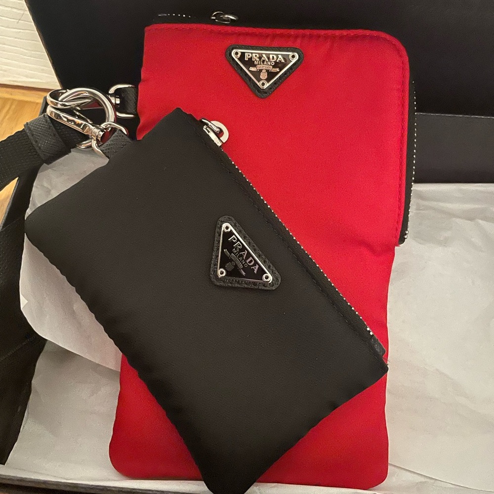 100% authentic Prada phone bag two nylon pouch lanyard red and black